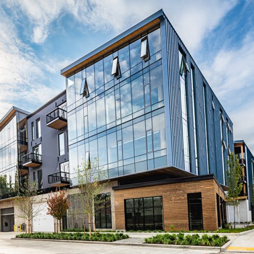 photo of the exterior of 35 stone showcasing the whole building and its mass timber elements