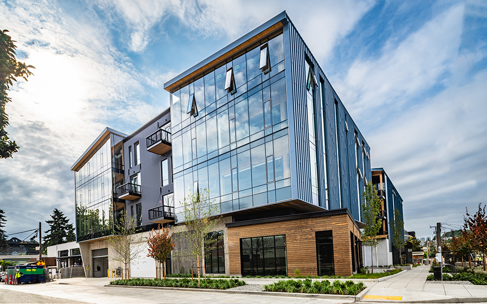 photo of the exterior of 35 stone showcasing the whole building and its mass timber elements