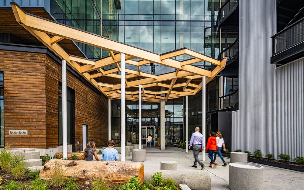 photo of people walking into the entrance of 35 stone under a wooden pergola