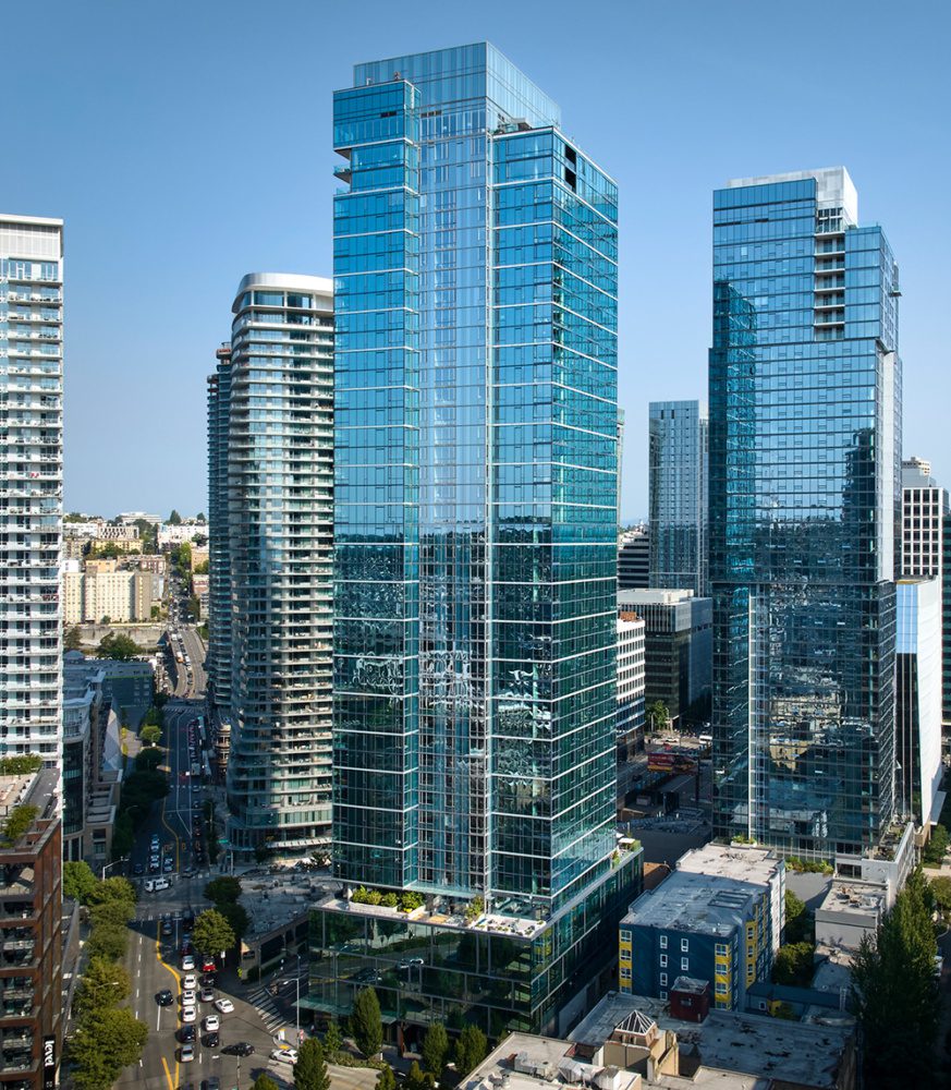 drone photo of the ivey and the ayer in downtown seattle at daytime