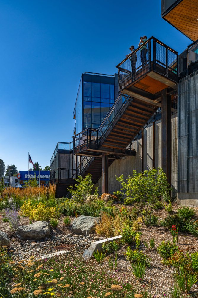 photo of the bioswales at northlake commons with the staircase leading from lake union to the building