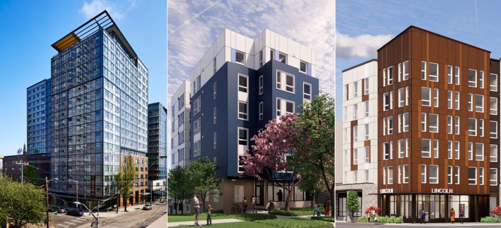 Photo of three of the affordable housing projects reported in the 2023 reporting include: (left) The Rise on Madison / Blake House, New Hope Family Housing, and Patsy Surh Place in Tacoma.