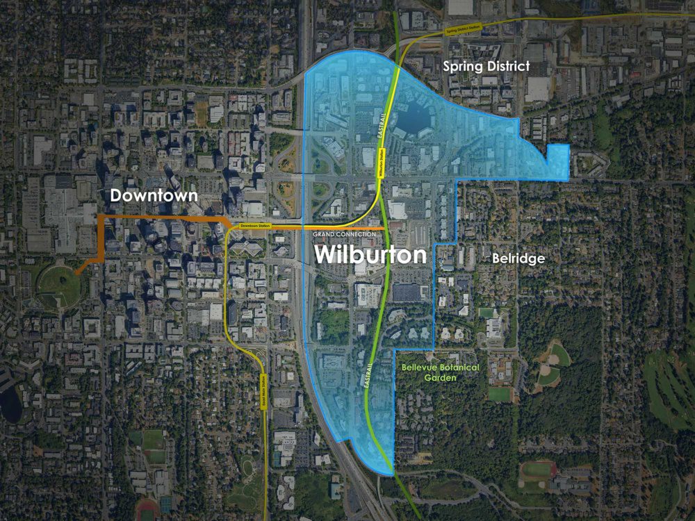 aerial map showing bellevue's wilburton neighborhood