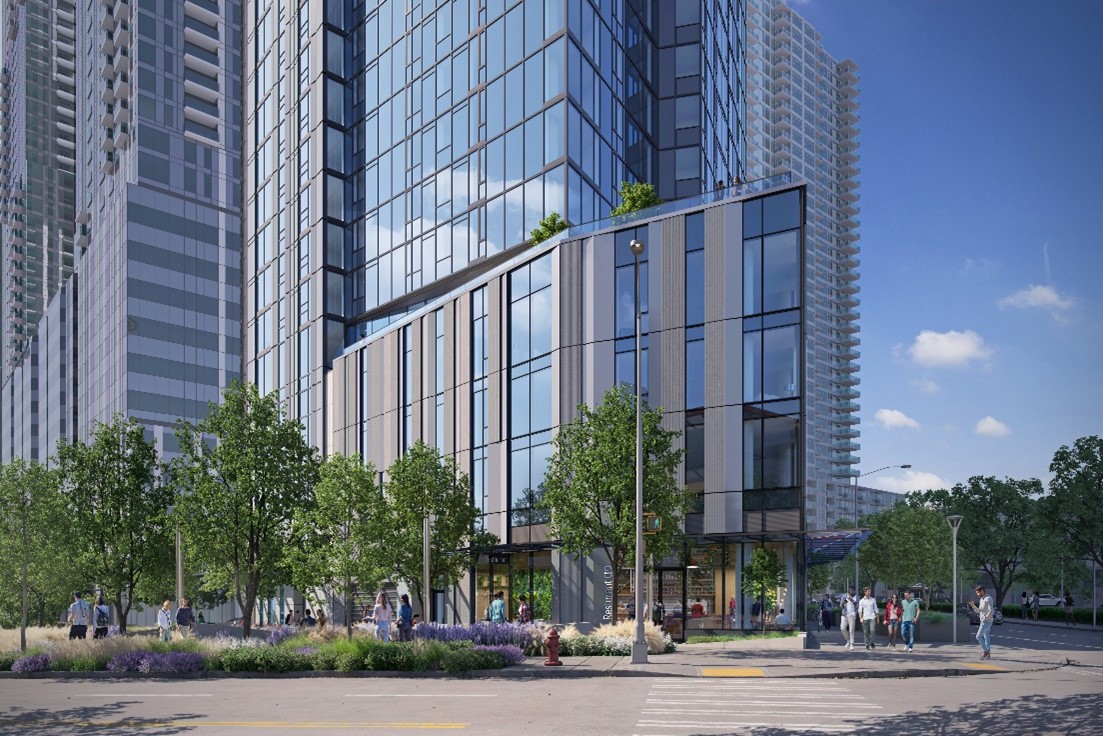 Rendering of the street level at Sloane in downtown seattle