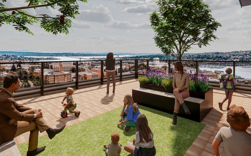 rendering of the roof top of sunbreak with families playing with their children