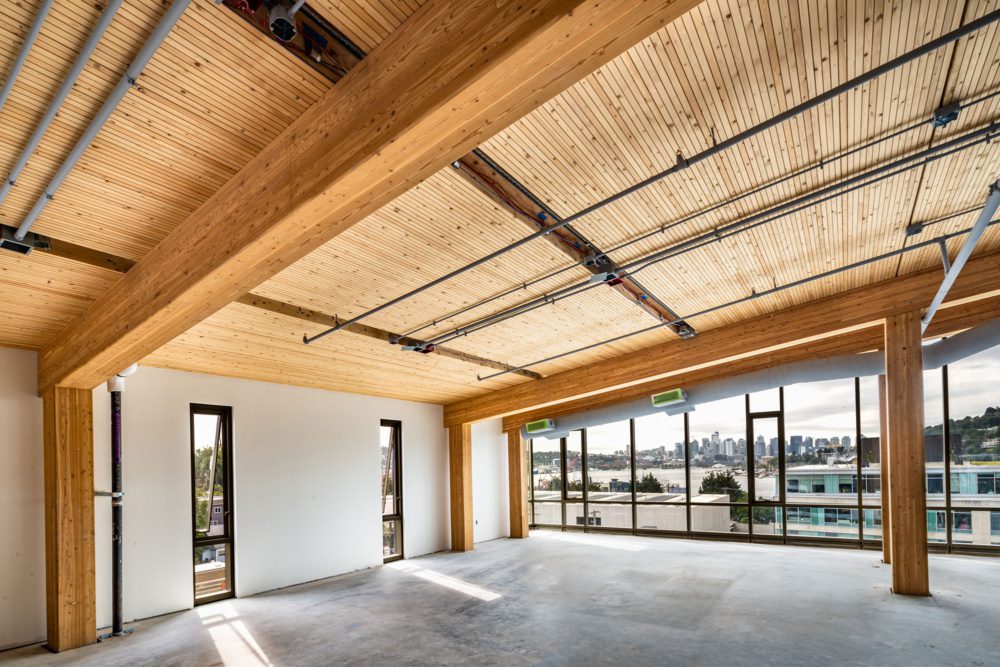 photo of the mass timber interior of 35 stone during the day time