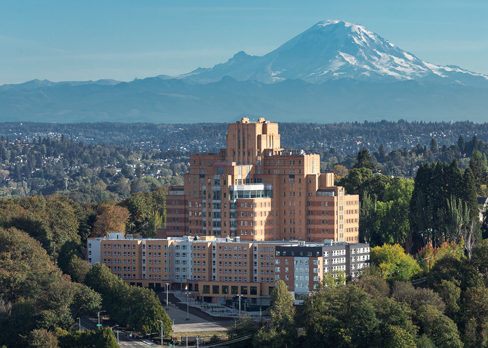 photo of beacon pacific village during the day with mt. rainier in the background